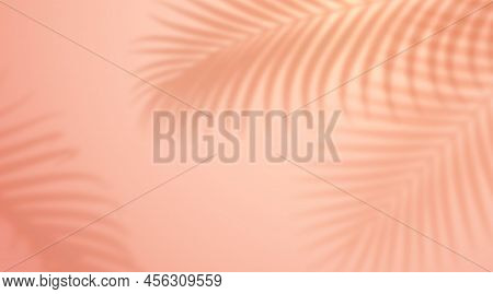 Realistic Shadow From Leaf Of Palm Tree On Orange Background. Tropical Leaves Shadow. Mockup With Pa