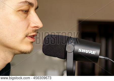 Tyumen, Russia-march 30, 2022: Close-up View Of Shure Mv 7 Professional Microphone. Selective Focus