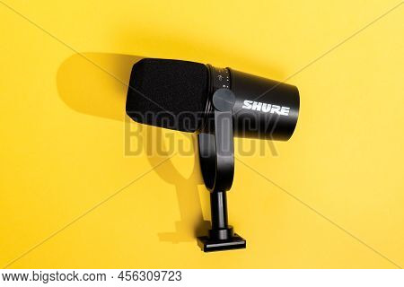 Tyumen, Russia-april 09, 2022: Shure Incorporated Company Manufactured And Manufactures Professional