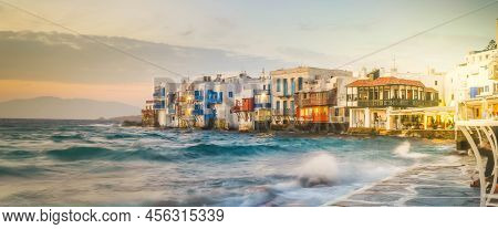 Lettle Venice Waterfront At Mykonos Island, Greece With Sunshine, Web Banner Format