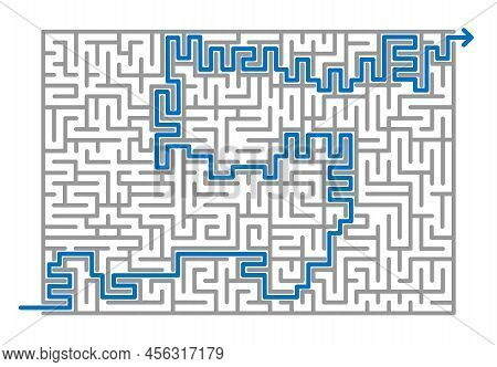 Complex Grey Maze With Blue Solution Look Like Letter S. Labyrynth With Way Answer.