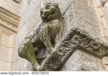 Gargoyle Detail On One Of The Facades Of The Cathedral Of Santiago De Compostela In Galicia, Spain.
