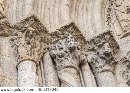 Detail Of Capitals On Columns In The Cathedral Of Santiago De Compostela In Galicia, Spain.