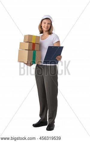 Portrait Of Delivery Woman In White Cap, T-shirt Giving Order Boxes Isolated On White Background. Fe
