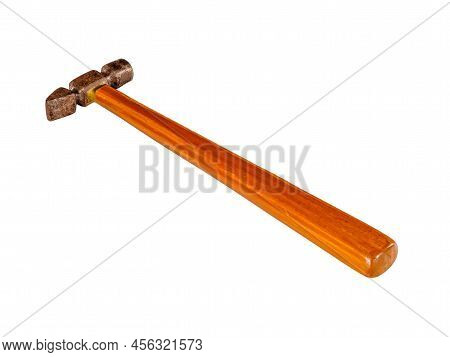 Old rusty claw hammer with wooden handle isolated on white