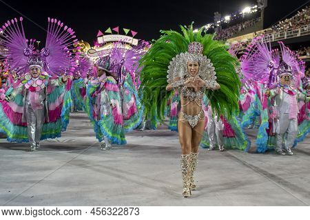 Rio, Brazil - April 22, 2022: Samba School Mangueira  In The Rio Carnival, Held At The Marques De Sa