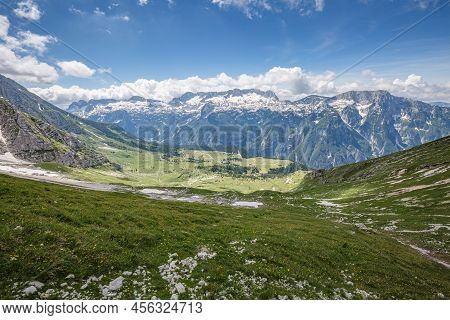 Beautiful Nature. Mountain Hiking Trail Road. Italy Malga Montasio Forca Disteis