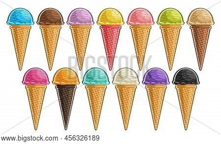 Vector Ice Cream Set, Lot Collection Of Cut Out Different Illustrations Of Refreshing Scoop Ball Ice