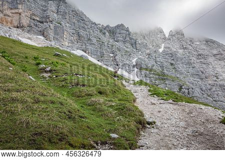 Beautiful Nature. Mountain Hiking Trail Road. Italy Malga Montasio Forca Disteis
