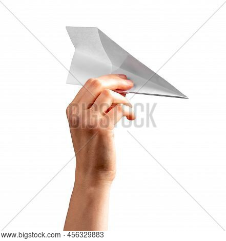 Woman Hand Holding Origami Plane Isolated On White Background. Paper Folding Art. Architecture Model