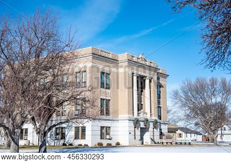 Outside View Of The Sheridan County Courthouse In Hoxie, Kansas, Usa. A Historic Old Building.