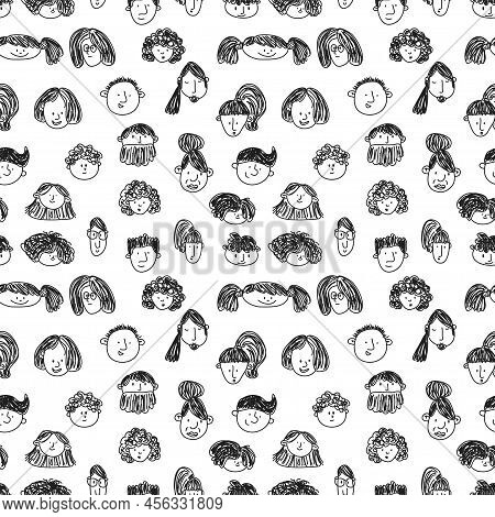 Seamless Pattern With Peoples Faces. Black And White Sketch. Hand-drawn Doodle Style.. Line Art. Dif