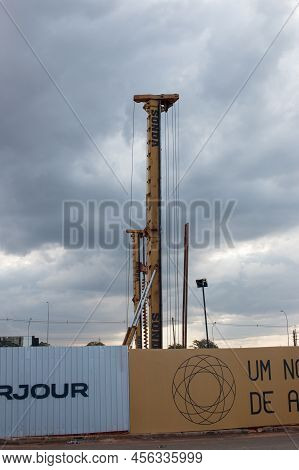 Brasilia, Brazil June 13, 2022 A Pile Driver Heavy Duty Machinery Being Used To Dig Hole For Structu