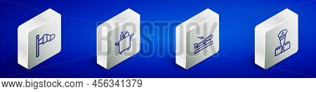 Set Isometric Line Cone Meteorology Windsock, Trolley For Food, Plane Landing And Pilot Icon. Vector
