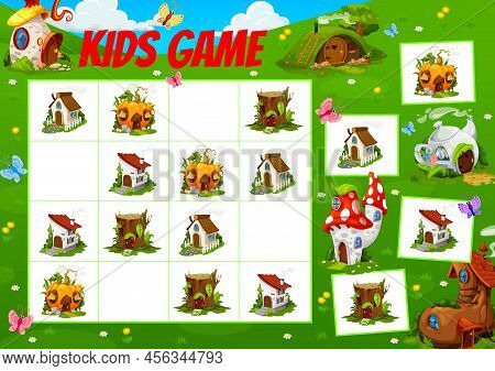 Sudoku Game Worksheet With Vector Stump, Stone, Pumpkin And Wooden Roof Cartoon Houses. Kids Educati