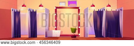 Fitting Room In Fashion Store For Try And Change Clothes. Vector Cartoon Illustration Of Boutique Dr