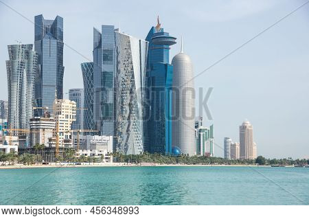 Doha, Qatar - 30 January, 2020: Panoramic View With Modern Skyscrapers In The Centre Of Doha, The Ca