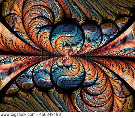 Computer Generated Colorful Fractal Artwork With Reflected Acralic Painting