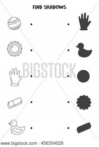 Find Shadows Of Rubber Elements. Black And White Worksheet. Educational Logical Game.