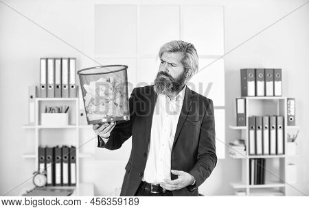 Digging In The Trash. Vile Work. Rummaging Through The Papers. Office Worker Digging In Garbage. Rec