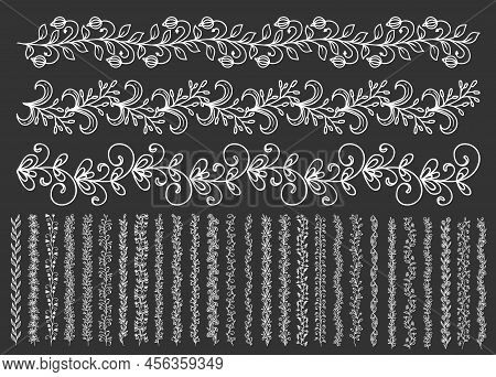 Floral Embellishments, Borders And Dividers Of Twigs And Sprigs, Vector Flourish Frames. Outline Flo