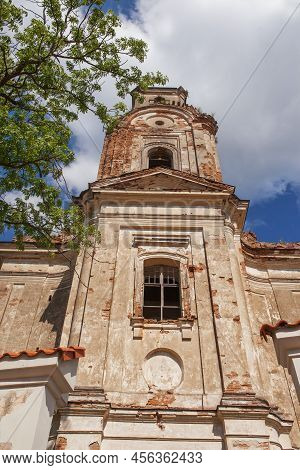 Old Destroyed Church. Ruins Of The Church . Bell Tower Of The Destroyed Old Church. Historical Value