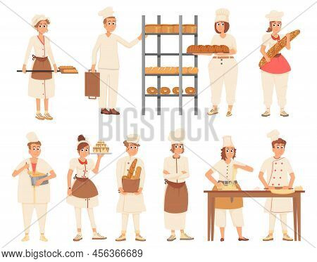 Bakers Characters. Cartoon Baker Woman And Man Hold Bread And Bakery Meals. Chef Cook At Job, Confec