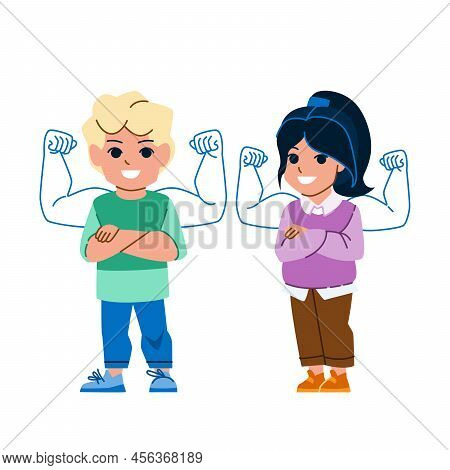 Self Confident Kid Vector. Happy Strong Boy Girl, Success Victory Kid, Power Hero Self Confident Kid