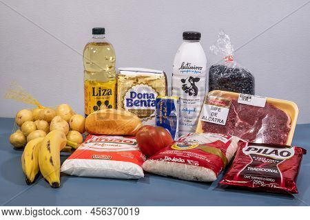 Rio, Brazil - May 22, 2022: Brazilian Basic Food Basket Composed Of 13 Products: Meat, Milk, Rice, B