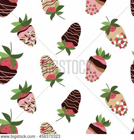Strawberry In Glaze, Chocolate, Sprinkle. Seamless Repeat Pattern. Vector, Flat