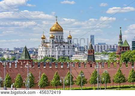 Wall And Towers Of Moscow Kremlin With Cathedral Of Christ The Savior (khram Khrista Spasitelya) At 