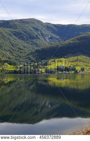Vanylvsfjorden Fjord In Norway. Norwegian Fiord Sunlight Village Landscape.