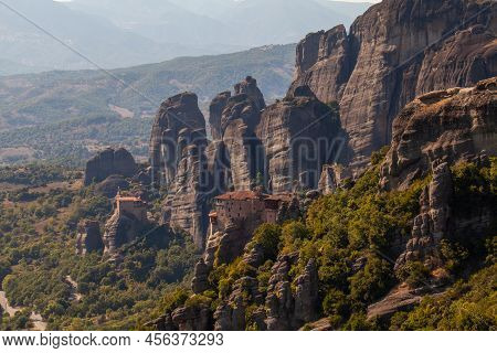 Amazing Rock Formations And Monastery At Meteora, Greece. Landscape At Meteora, Trikala Region Meteo