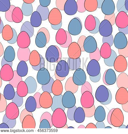 Happy Easter Seamless Pattern With Colorful Eggs On White Background. Polka Dots Design For Card, Po