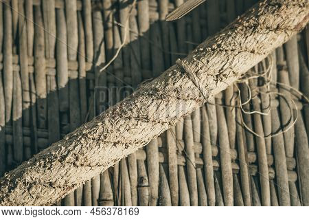 Old Woven Bamboo Rug, Rough Textile Wide Rope, Fragment Banner Frame Border. Diagonal Lines, Contras