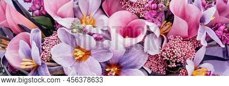 Pink Violet Autumn Colorful Fall Bouquet. Beautiful Flower Composition With Tulip. Flower Shop And F