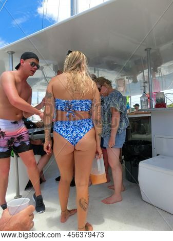 The People At Snorkeling Underwater And Fishing Tour By Boat At The Caribbean Sea At Honeymoon Beach