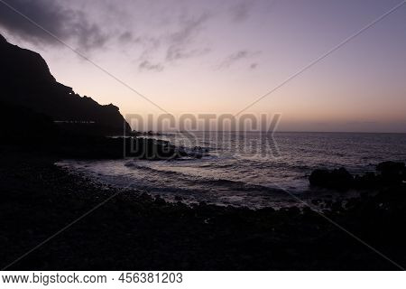 Las Arenas Beach, Buenavista Del Norte, Tenerife, Spain, February 18, 2022: Sunset At The Volcanic B