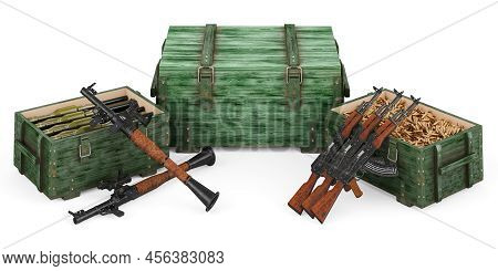 Anti-tank Guided Missiles With Ammo Crate Full Of Rockets And Assault Rifles With Military Wooden Am