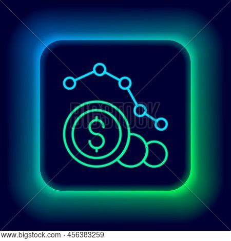 Glowing Neon Line Dollar Rate Decrease Icon Isolated On Black Background. Cost Reduction. Money Symb
