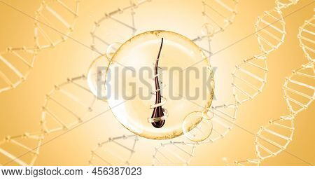 Beautiful Healthy Hair In A Balloon On The Background Of 3d Dna Illustration. Genetic Testing, Hair 