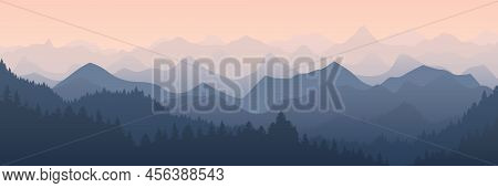 Mountains Panorama. Foggy Mountain Landscape With Aerial Perspective Effect, Morning Sunrise Forest 