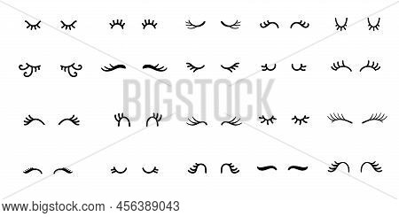 Unicorn Eyelashes. Kawaii Closed Eyed With Lashes, Line Art Makeup And Girl Face Eyes Vector Set