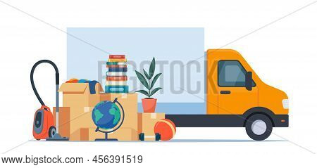Truck And Household Items. Moving To New House. Relocated To New Home. Boxes With Goods. Package Tra