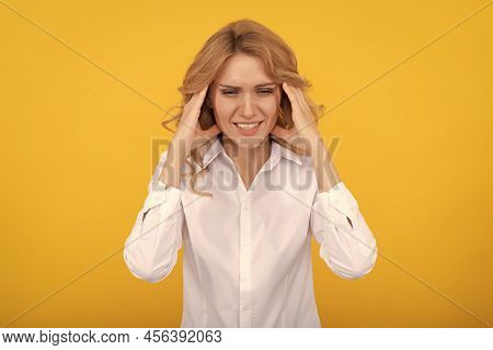 Headache Attack. Businesswoman Suffer From Headache. Head Ache. Chronic Fatigue