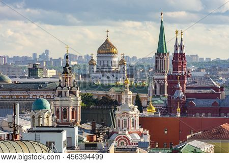 Moscow Cityscape With Towers Of Moscow Kremlin And Cathedral Of Christ The Savior (khram Khrista Spa