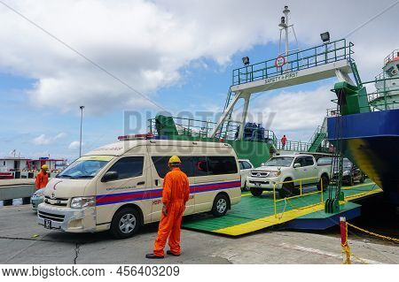 Labuan,malaysia-june 3,2019:a Ro Ro Ferry In Dock Unloading The Vehicles At Labuan,malaysia.