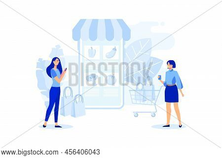 Retail Food, Shop To Online. Woman Makes Purchases Via Phone Online, Choosing Product. Shopping Cart