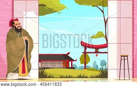 Ancient Chinese Philosopher And Thinker Confucius At Traditional Eastern Buildings Background Flat V