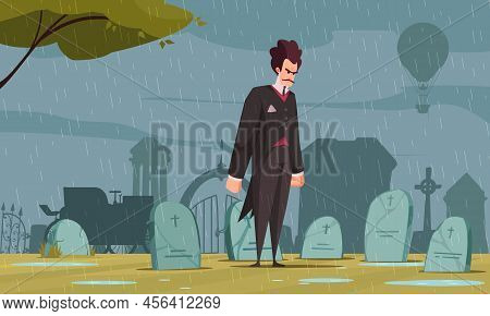 Angry Frankenstein Looking At Gravestone At Cemetery In Pouring Rain Cartoon Vector Illustration